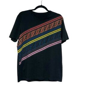 Fendi Black T-shirt Diagonal Multicolor FF Logo Stripe Pattern Print Size 52 Med